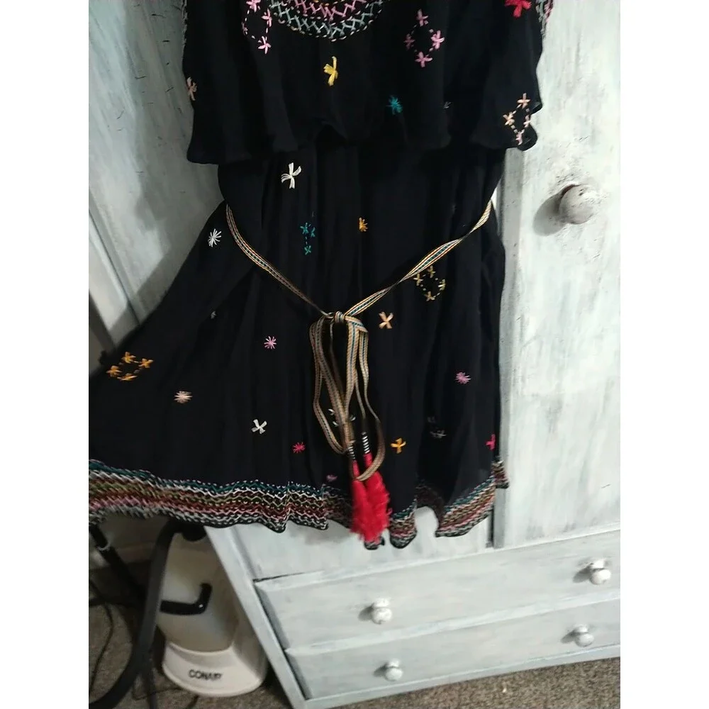 Free People One Slave Embroidered Black Dress Xs Boho Feminine Cottage Core